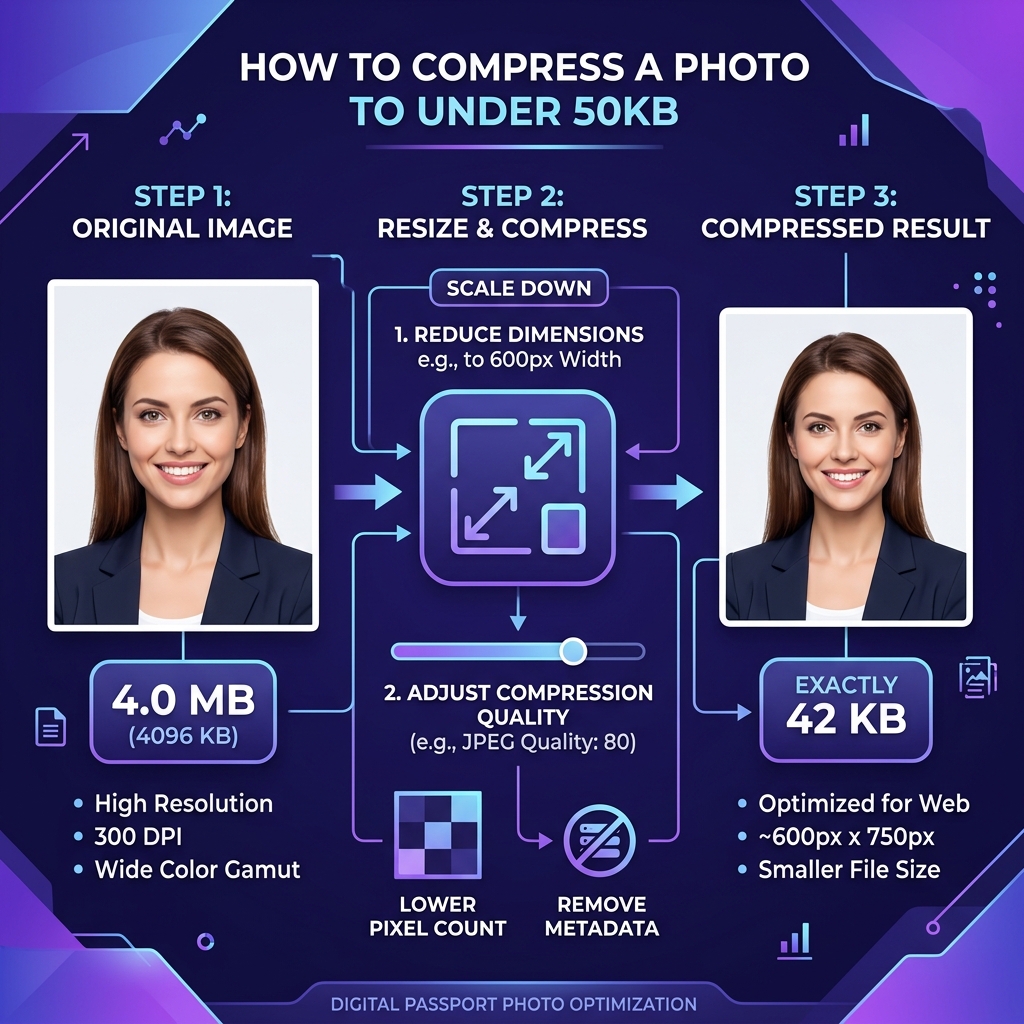 Infographic: Resizing and Compressing a Passport Photo to 42KB Step-by-step visual infographic demonstrating passport photo compression under 50KB limit